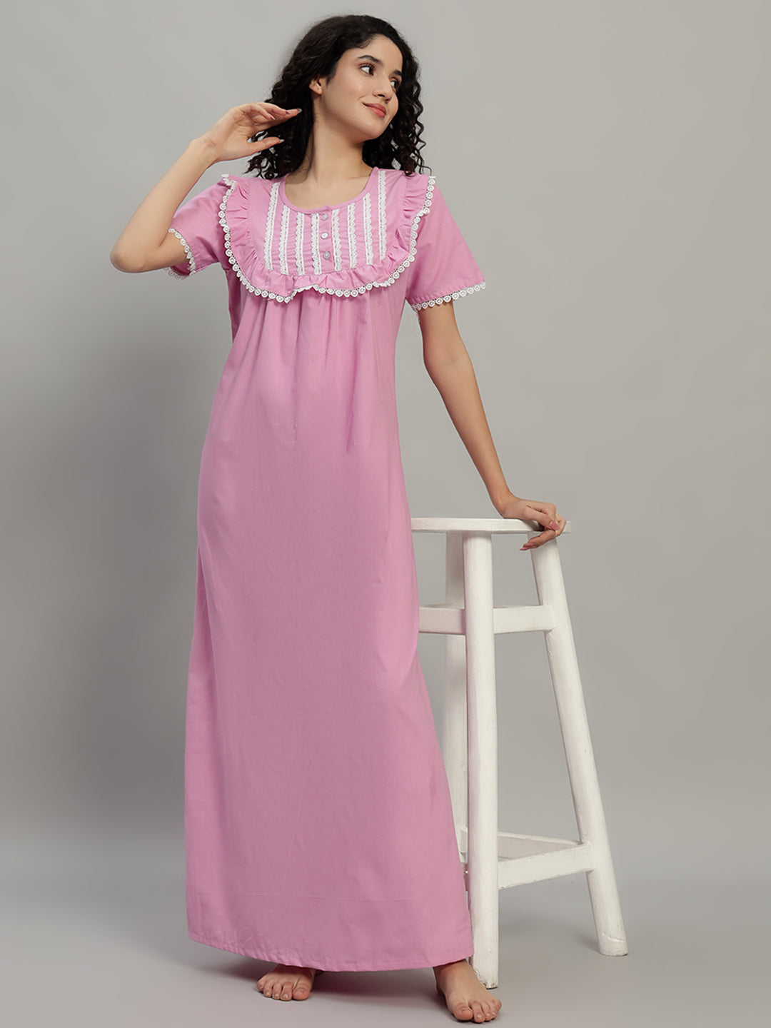 🌸 Pink Cotton Maxi Night Gown for Women – Lace Yoke Short Sleeve Comfortable Nightwear