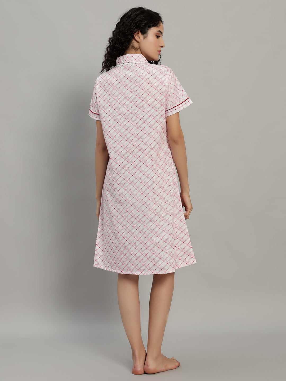 🌸Red Check Printed Cotton Short Night Gown for Women – Button Down Comfortable Nightwear