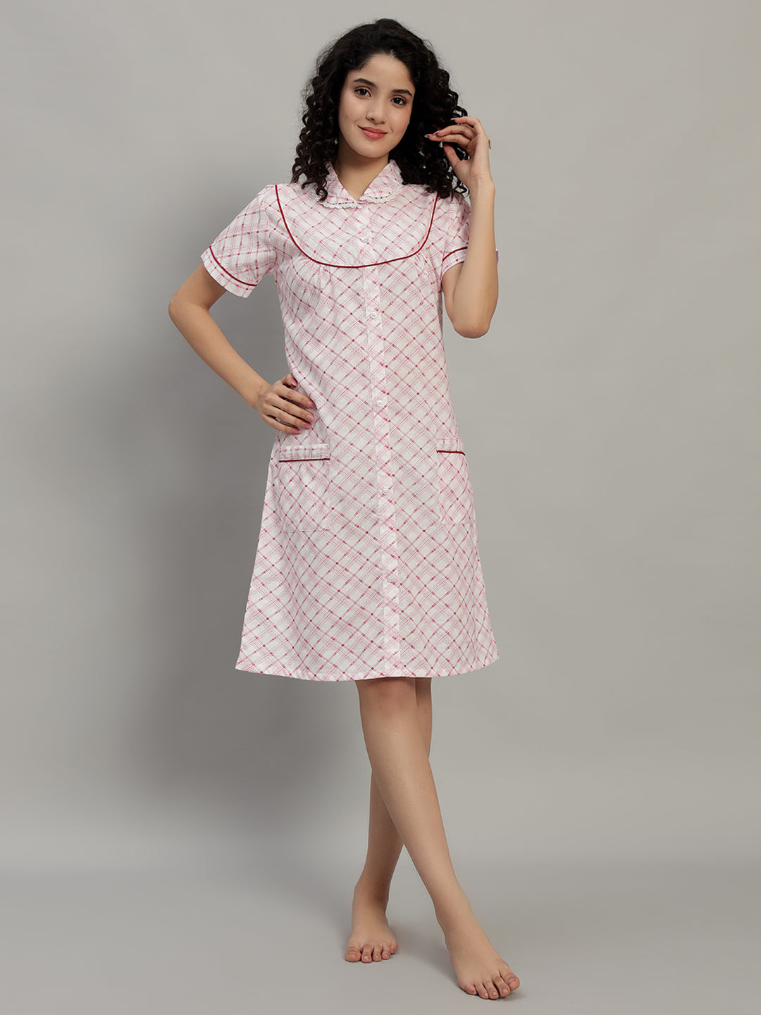 🌸Red Check Printed Cotton Short Night Gown for Women – Button Down Comfortable Nightwear