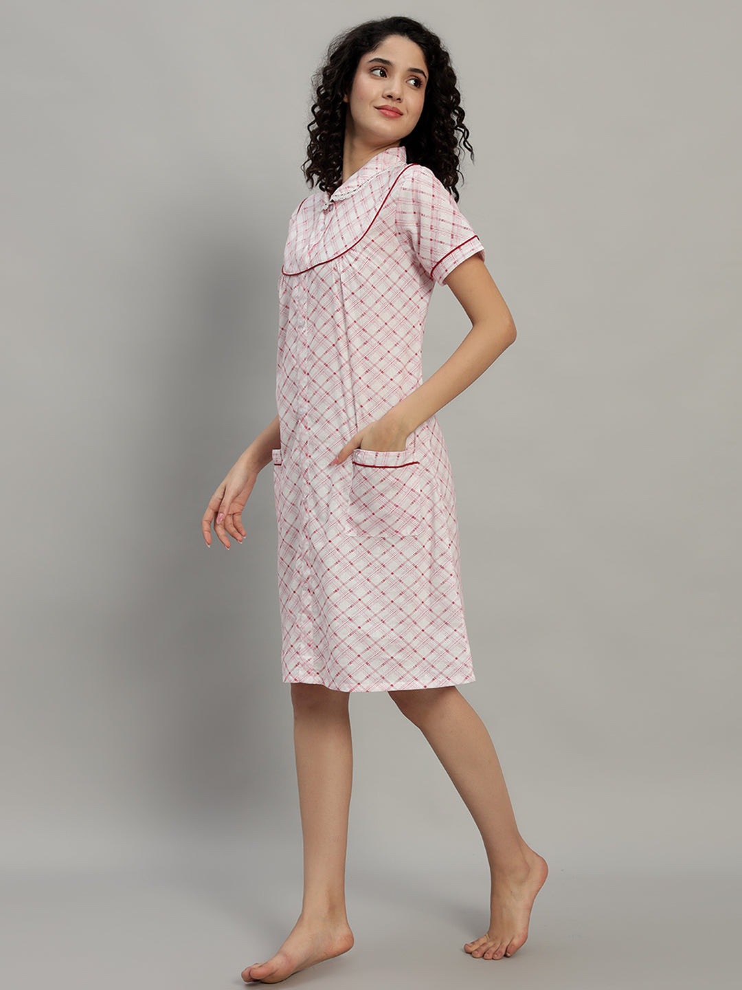 🌸Red Check Printed Cotton Short Night Gown for Women – Button Down Comfortable Nightwear