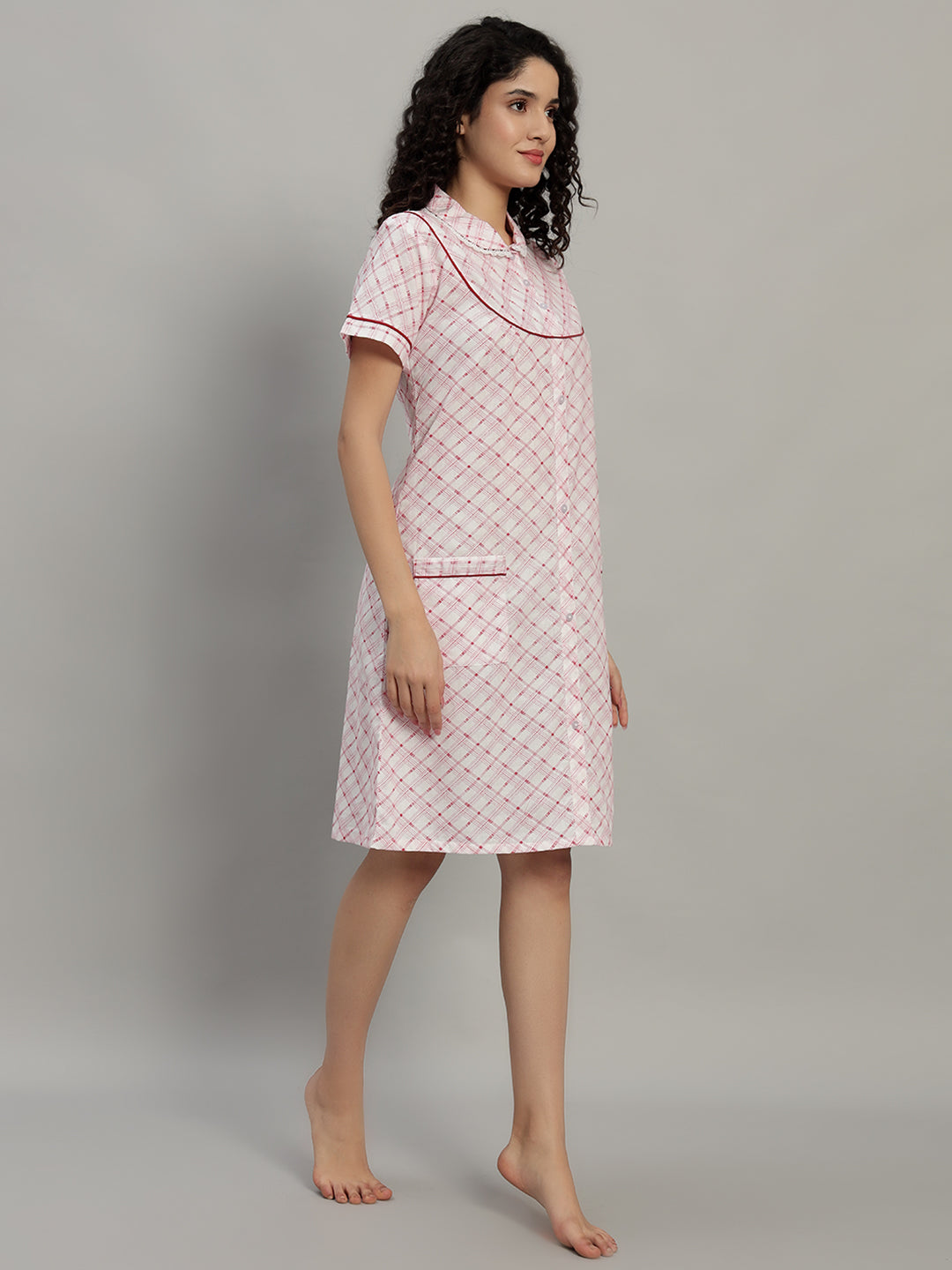 🌸Red Check Printed Cotton Short Night Gown for Women – Button Down Comfortable Nightwear