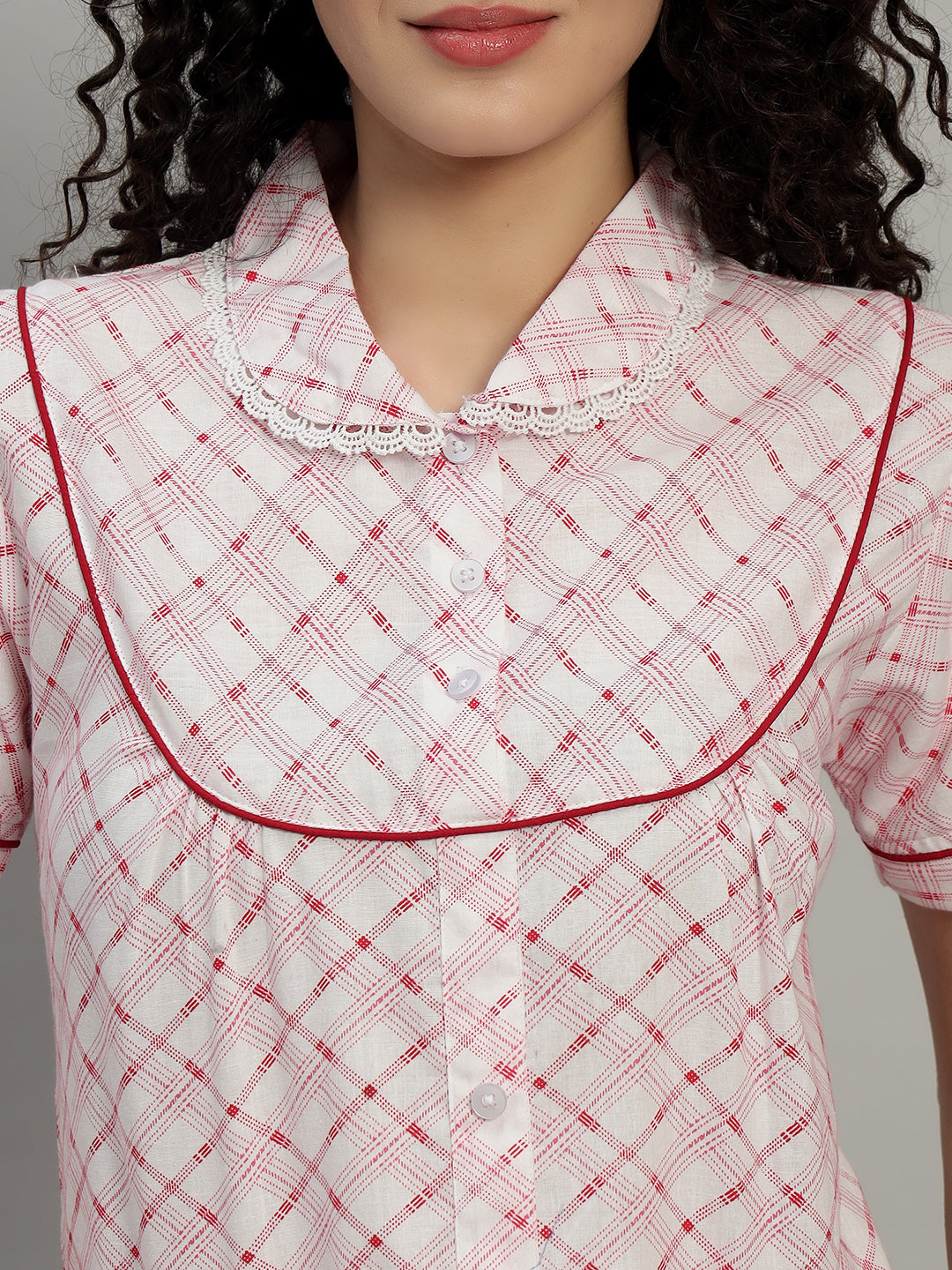 🌸Red Check Printed Cotton Short Night Gown for Women – Button Down Comfortable Nightwear