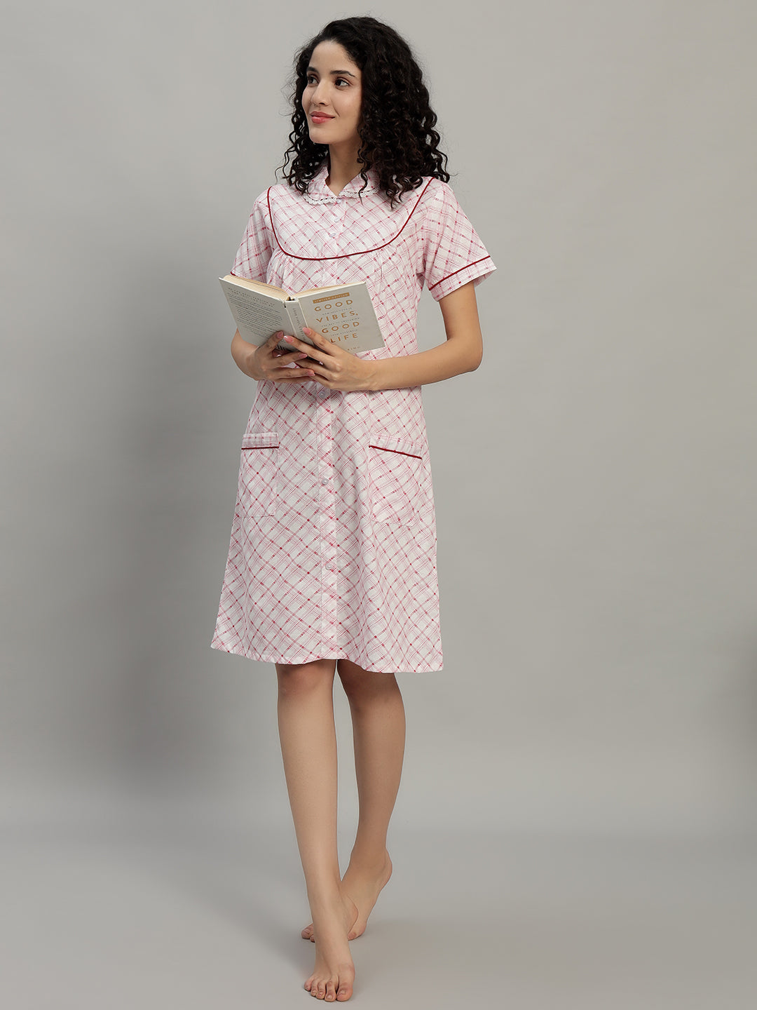 🌸Red Check Printed Cotton Short Night Gown for Women – Button Down Comfortable Nightwear