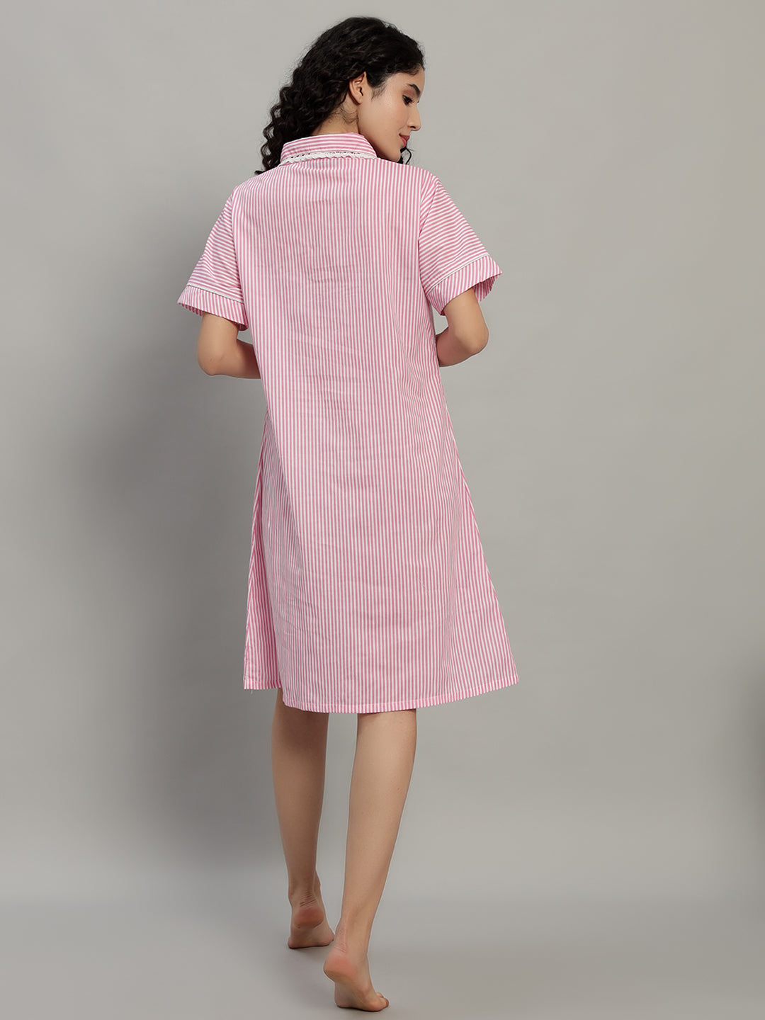 🌸 Pink Striped Cotton Short Night Gown for Women – Button Down Comfortable Nightwear with Pockets
