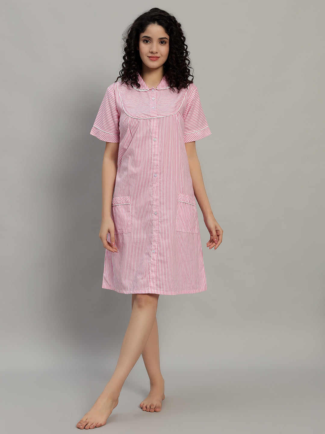 🌸 Pink Striped Cotton Short Night Gown for Women – Button Down Comfortable Nightwear with Pockets