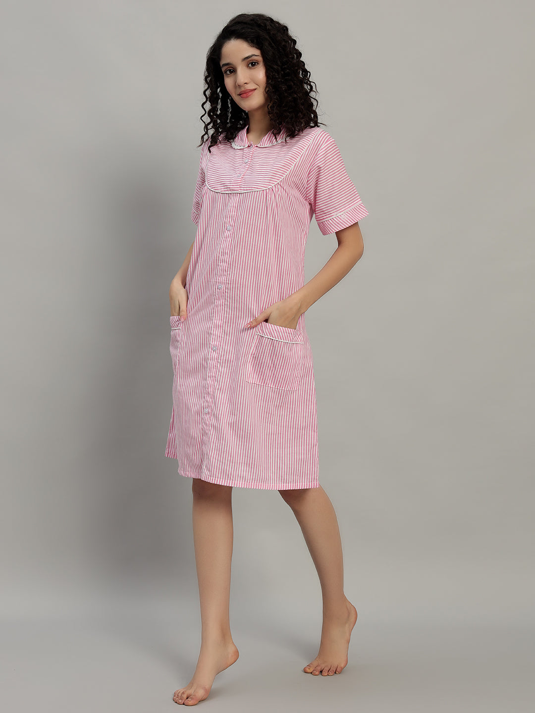 🌸 Pink Striped Cotton Short Night Gown for Women – Button Down Comfortable Nightwear with Pockets