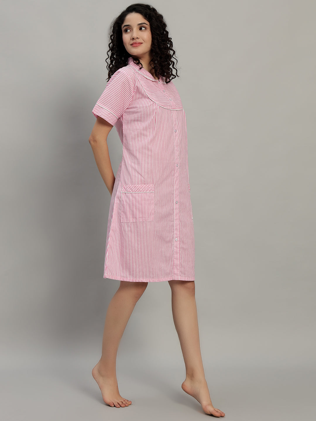 🌸 Pink Striped Cotton Short Night Gown for Women – Button Down Comfortable Nightwear with Pockets
