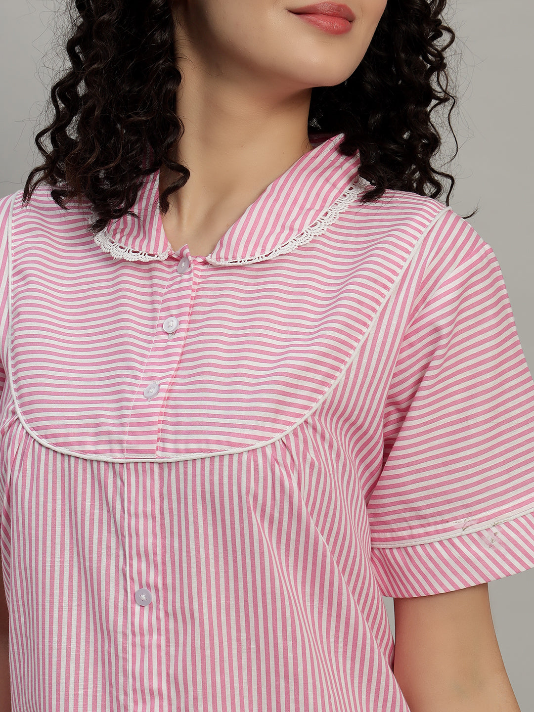 🌸 Pink Striped Cotton Short Night Gown for Women – Button Down Comfortable Nightwear with Pockets