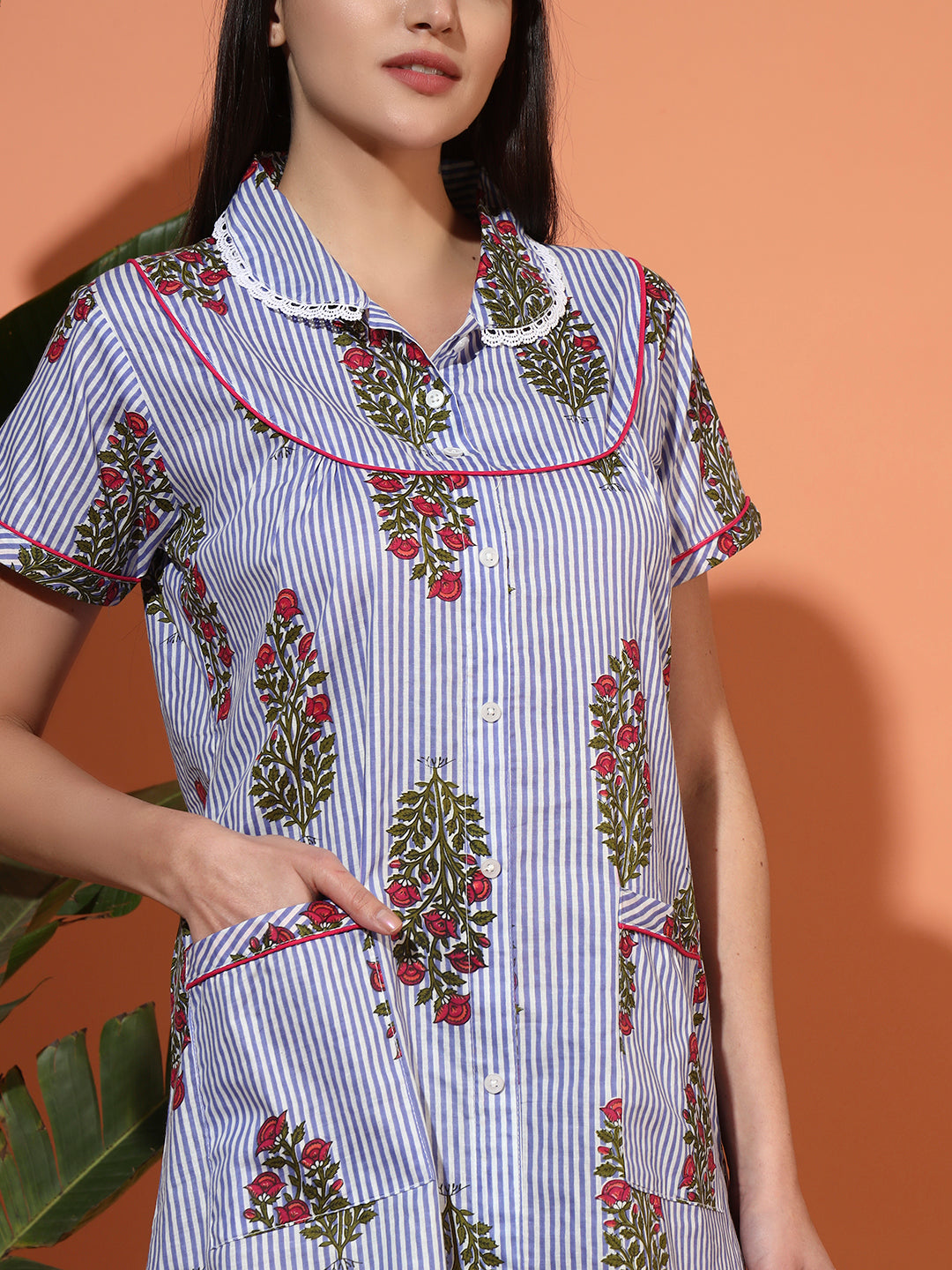 🌸 Blue Striped Floral Printed Cotton Short Night Gown for Women – Button Down Comfortable Nightwear with Pockets