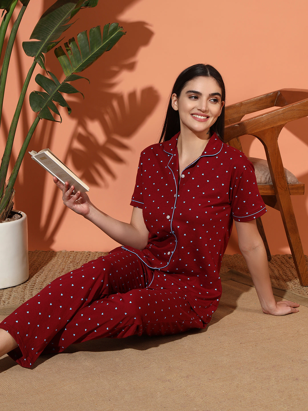 Printed Cotton Night Suit Set – Button-Down Top & Pajama Sleepwear for Women
