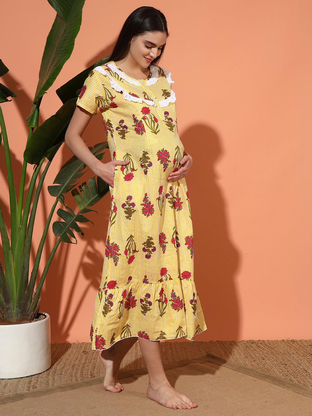 💛 Women Cotton Printed Nighty – Yellow Floral Stripe Night Gown Maternity