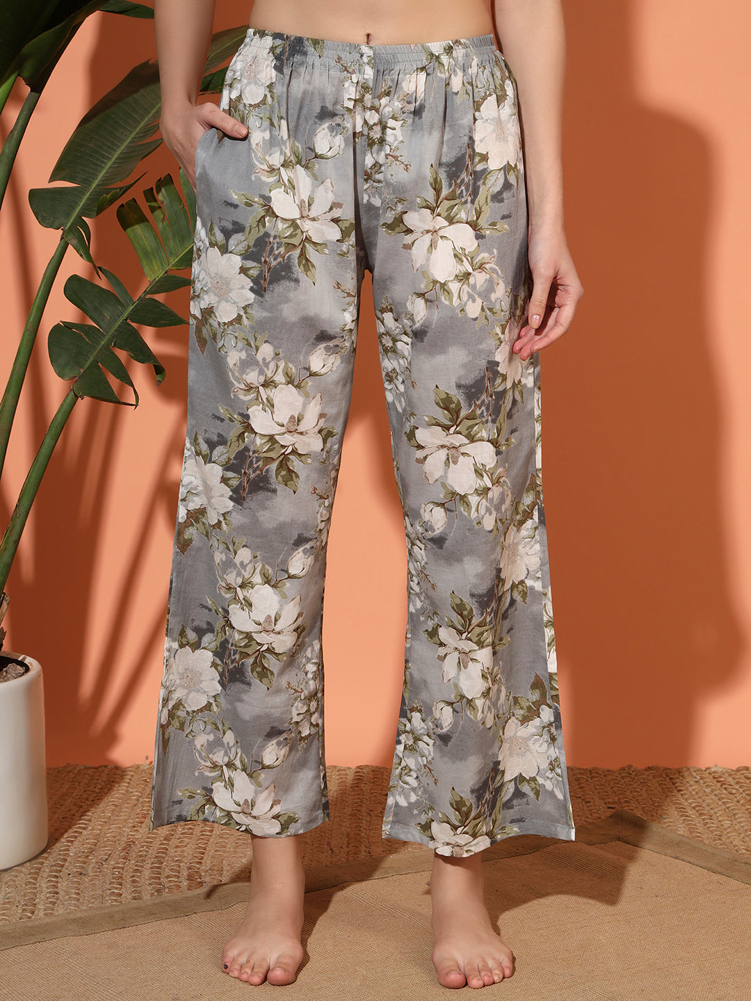 🌸 Women’s Grey Floral Print Night Suit Co-Ord Set