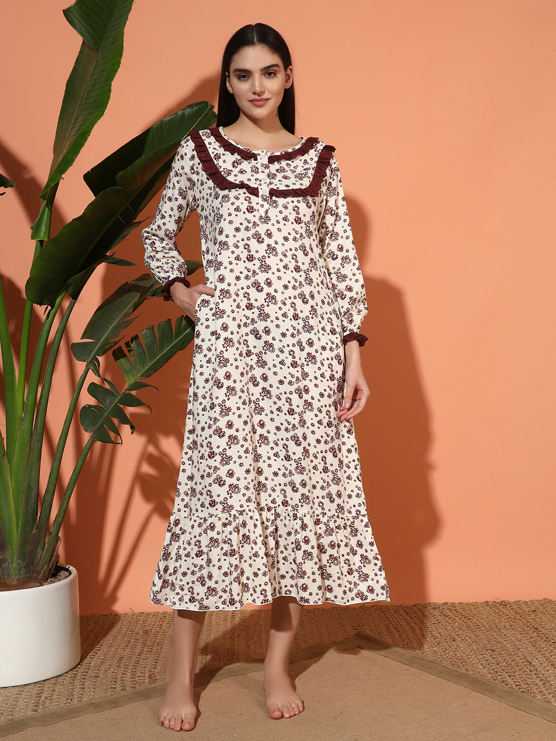 🌸 Cream Floral Printed Night Gown – Elegant & Comfortable Sleepwear
