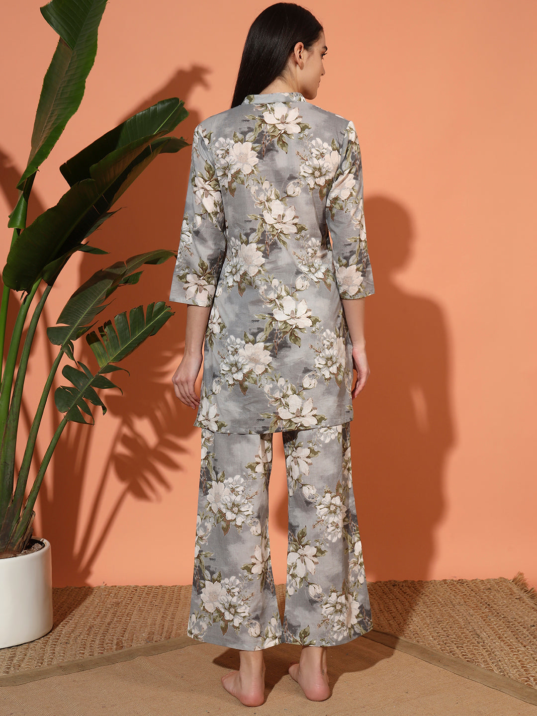 🌸 Women’s Grey Floral Print Night Suit Co-Ord Set
