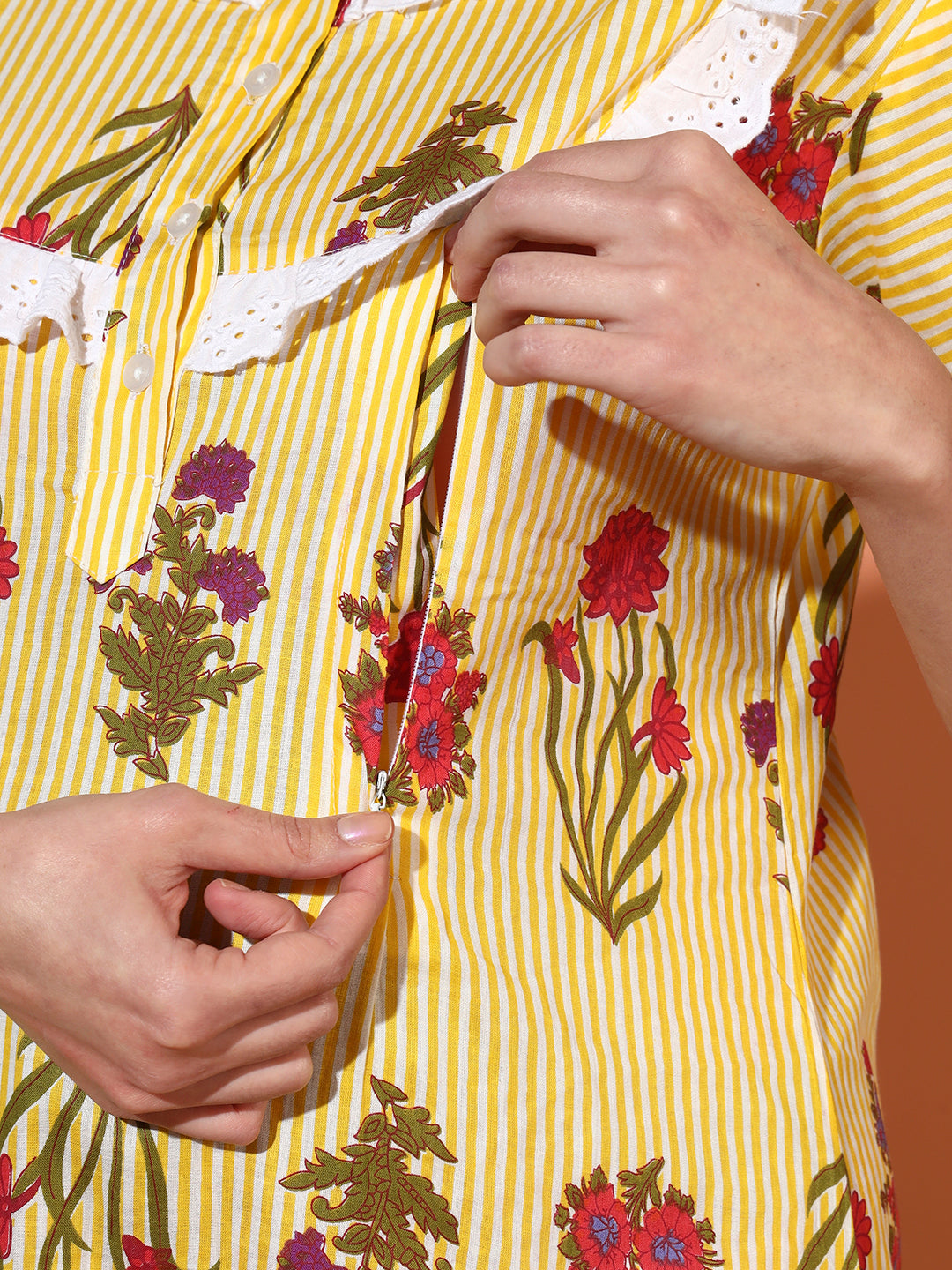Women’s Cotton Printed Nighty – Yellow Floral Stripe Maternity Night Gown