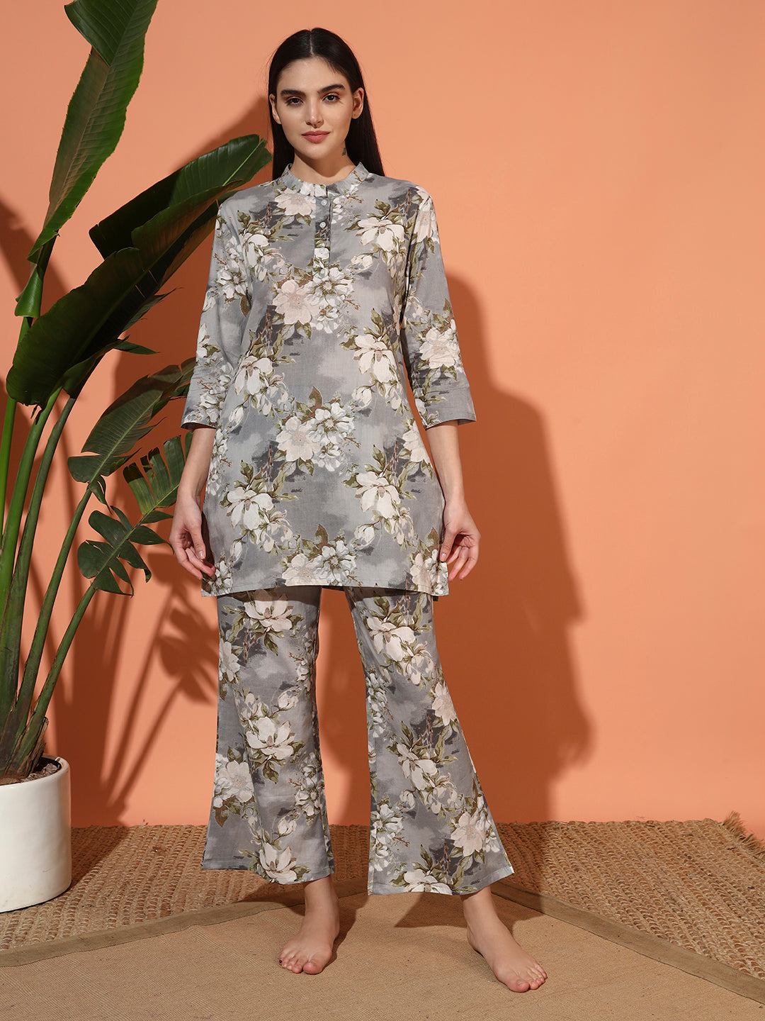 🌸 Women’s Grey Floral Print Night Suit Co-Ord Set
