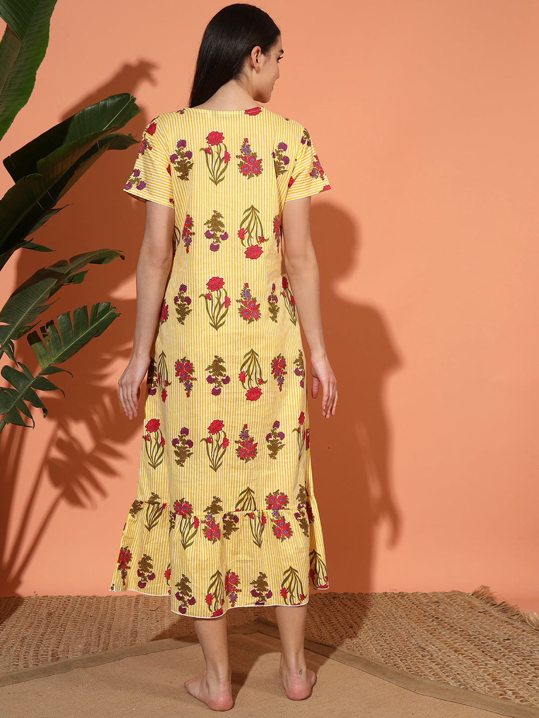 Women’s Cotton Printed Nighty – Yellow Floral Stripe Maternity Night Gown