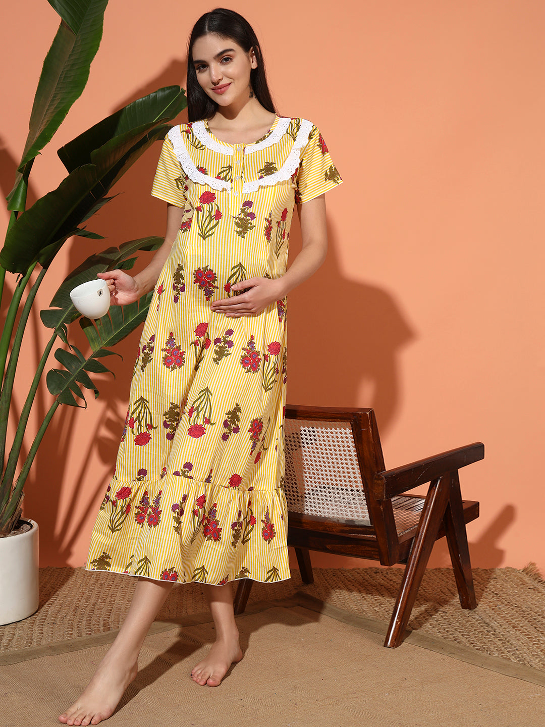 💛 Women Cotton Printed Nighty – Yellow Floral Stripe Night Gown Maternity