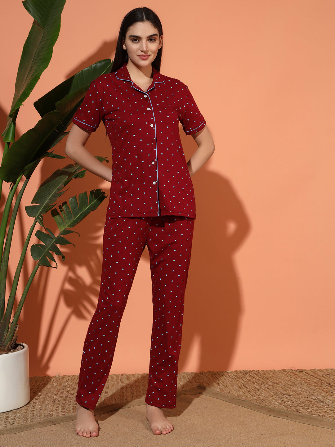 Printed Cotton Night Suit Set – Button-Down Top & Pajama Sleepwear for Women