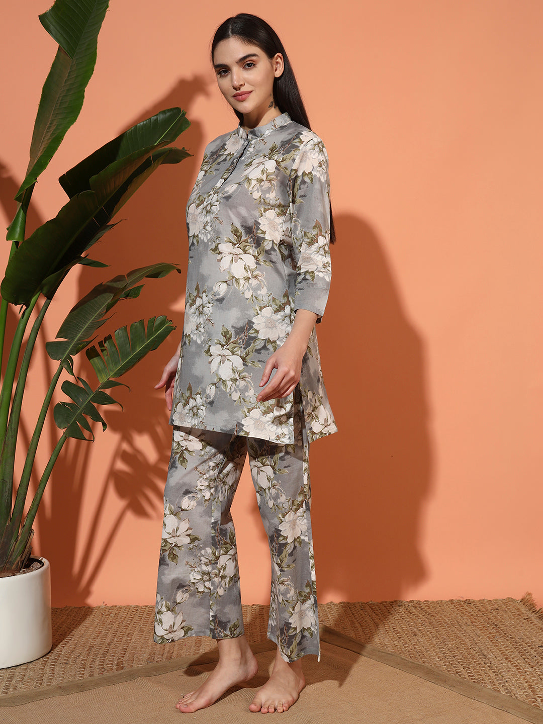 🌸 Women’s Grey Floral Print Night Suit Co-Ord Set