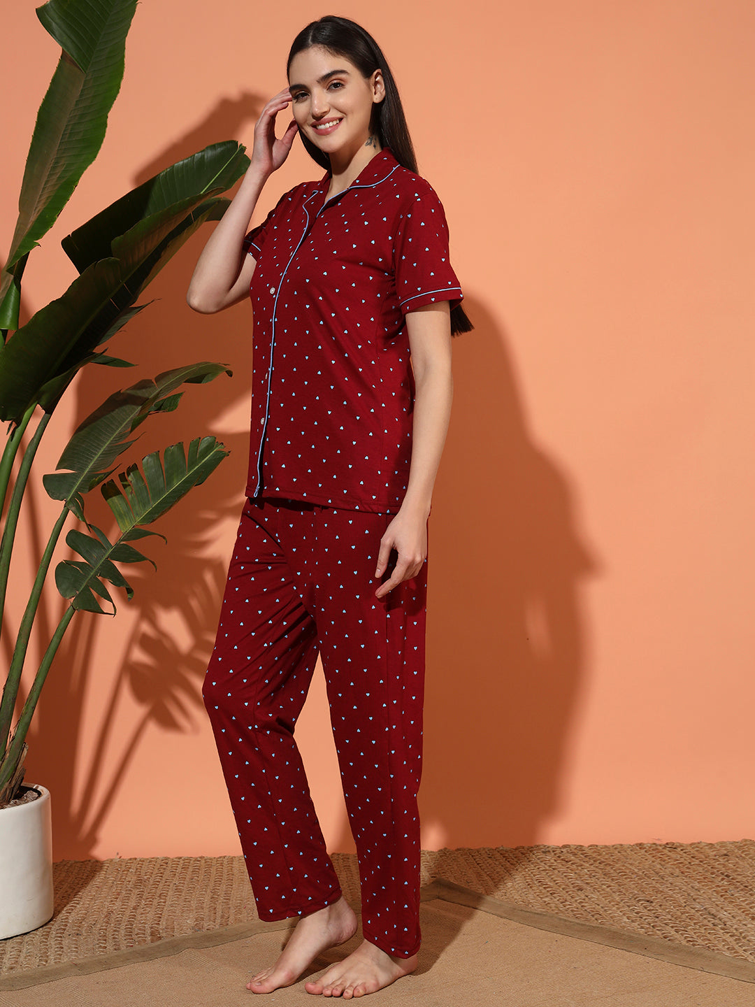 Printed Cotton Night Suit Set – Button-Down Top & Pajama Sleepwear for Women