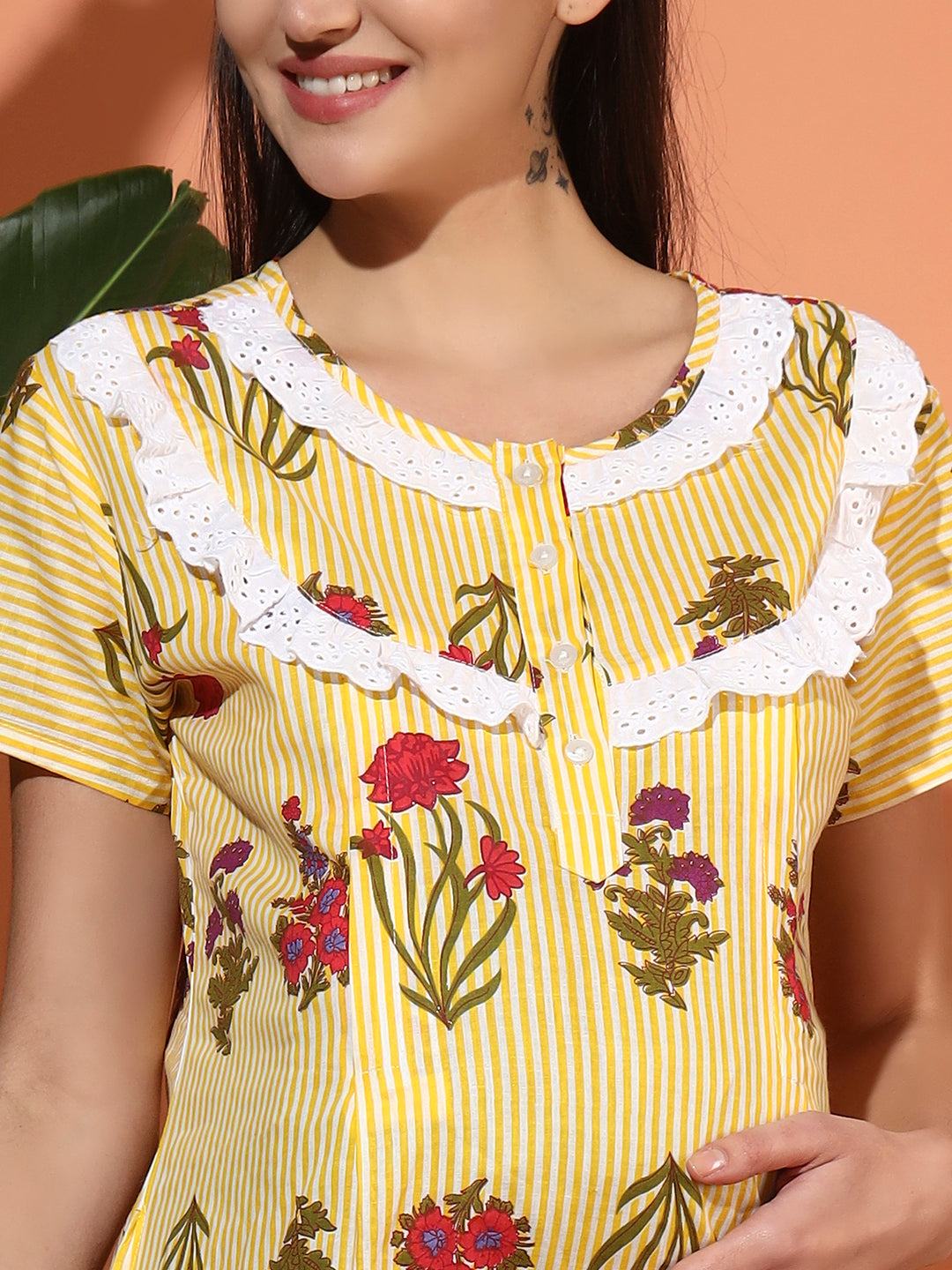 Women’s Cotton Printed Nighty – Yellow Floral Stripe Maternity Night Gown