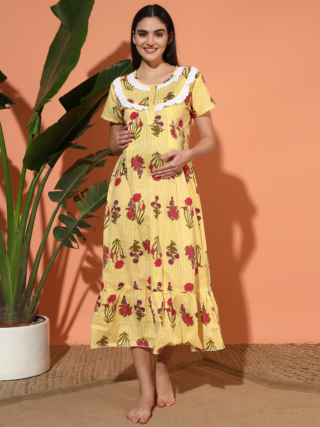 Women’s Cotton Printed Nighty – Yellow Floral Stripe Maternity Night Gown