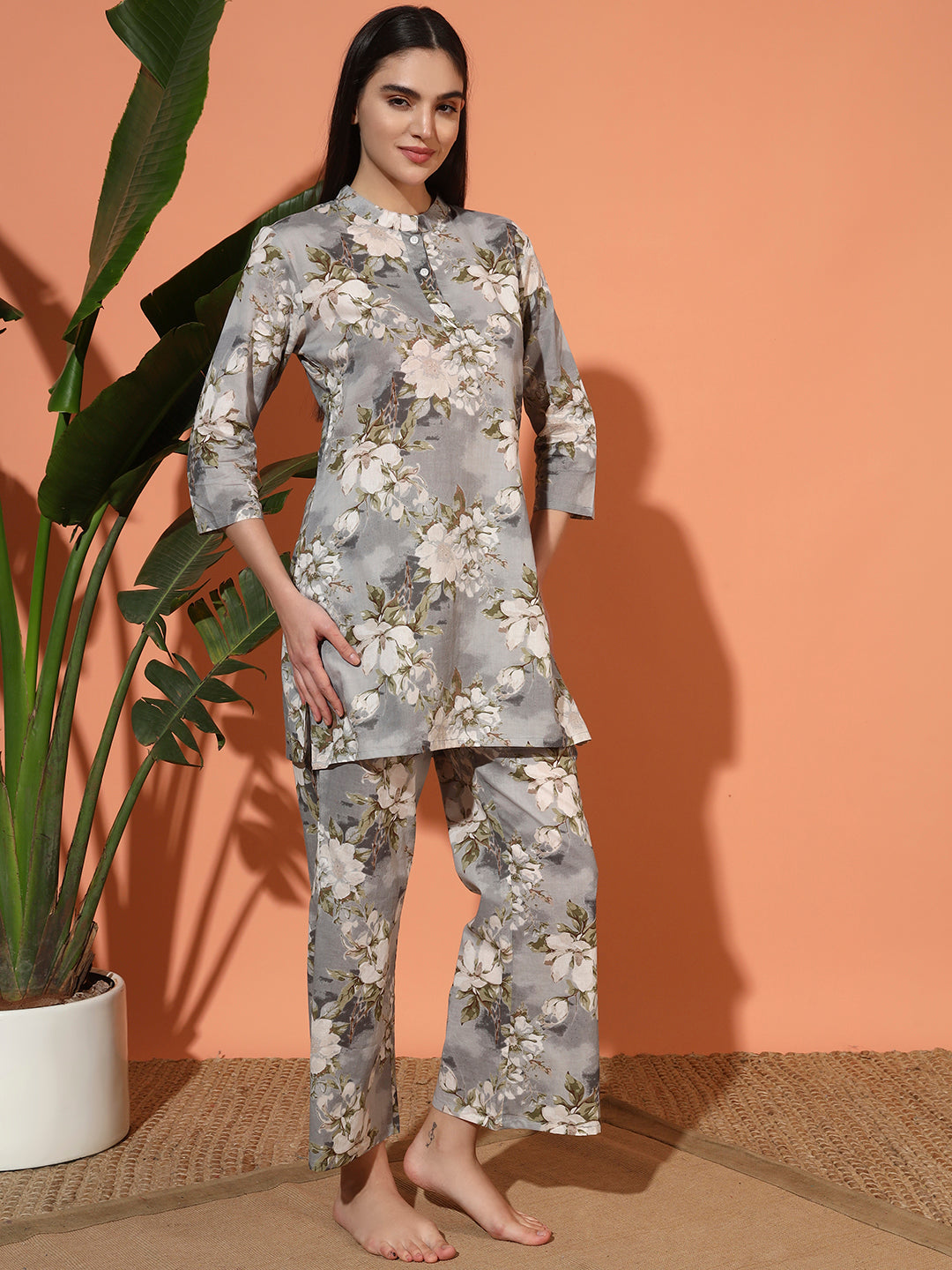 🌸 Women’s Grey Floral Print Night Suit Co-Ord Set