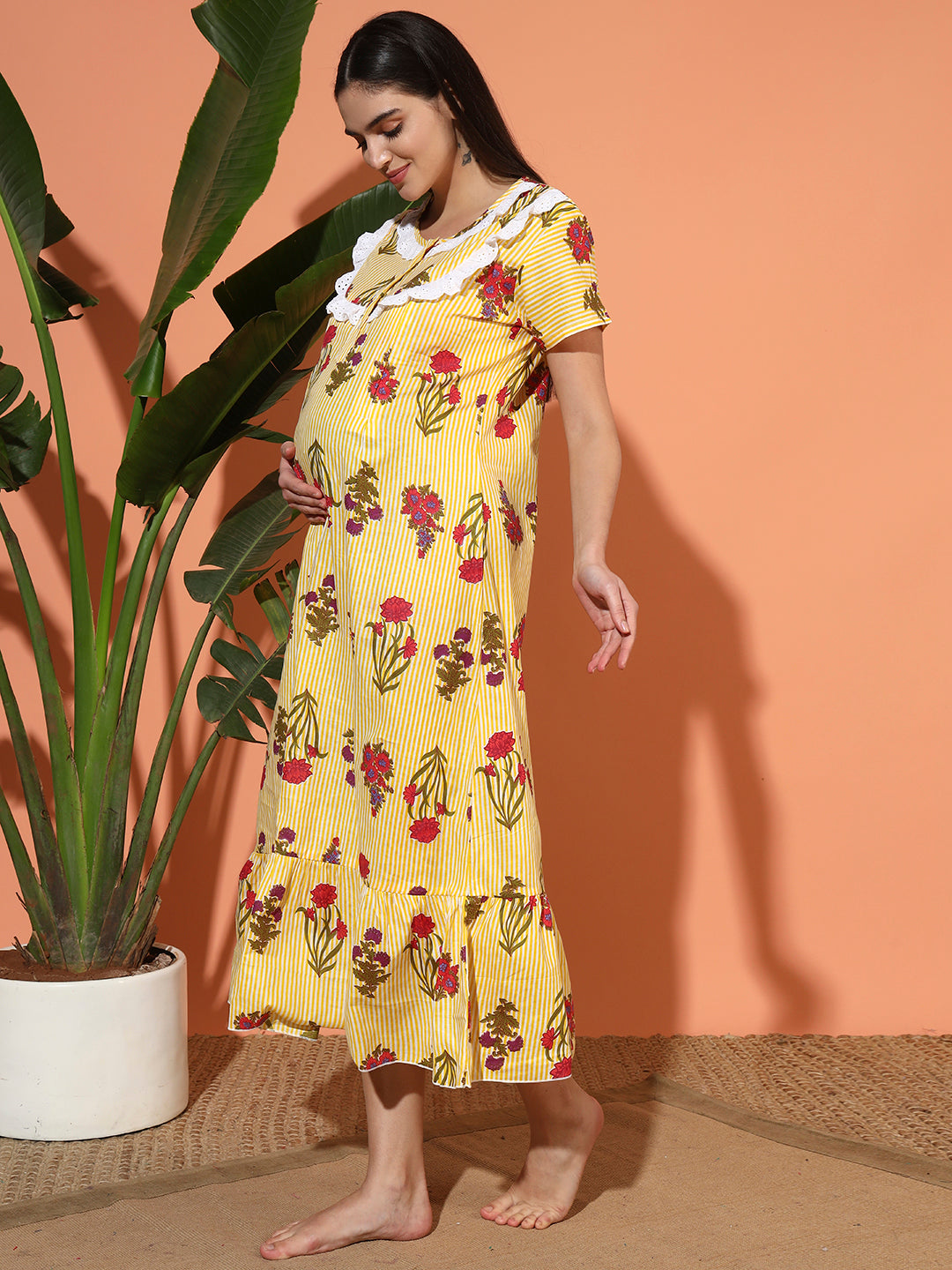 Women’s Cotton Printed Nighty – Yellow Floral Stripe Maternity Night Gown