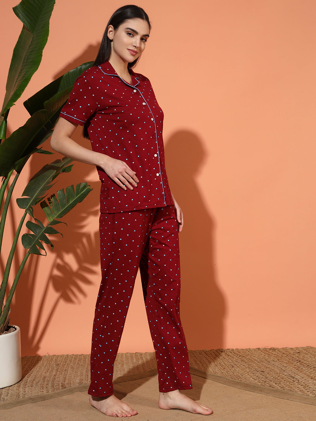 Printed Cotton Night Suit Set – Button-Down Top & Pajama Sleepwear for Women