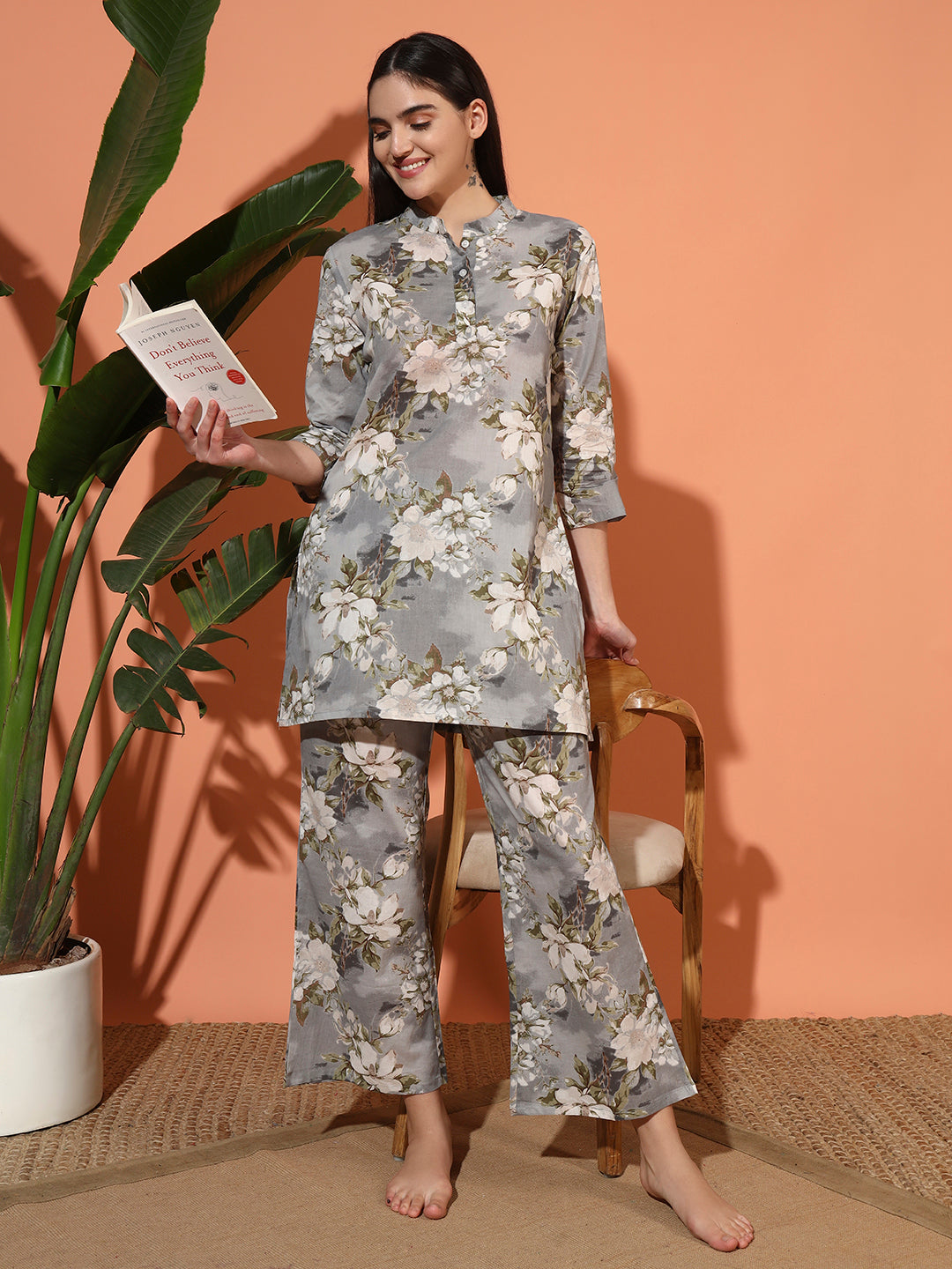 🌸 Women’s Grey Floral Print Night Suit Co-Ord Set