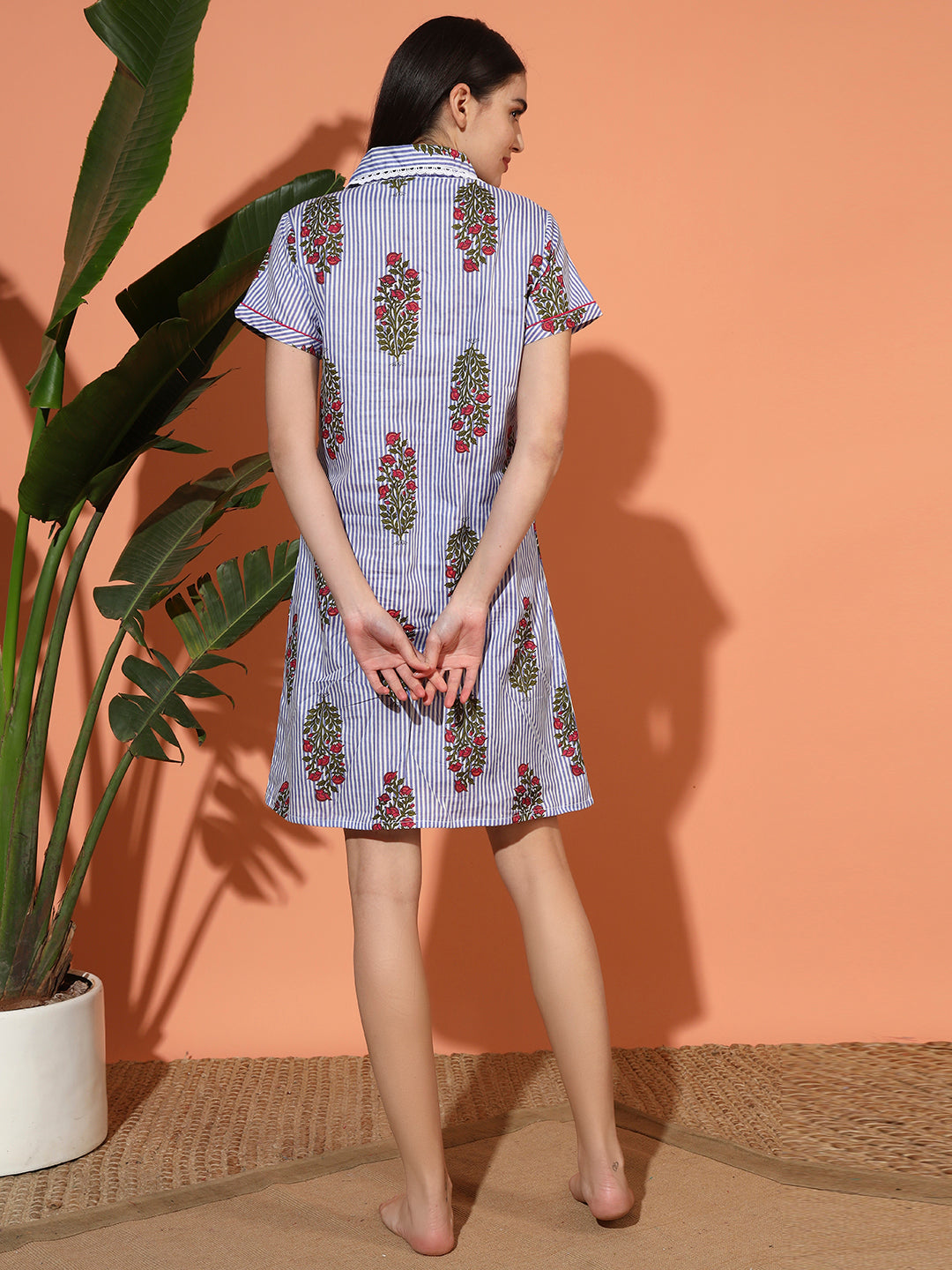 🌸 Blue Striped Floral Printed Cotton Short Night Gown for Women – Button Down Comfortable Nightwear with Pockets