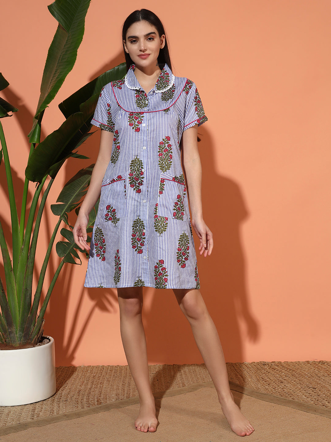 🌸 Blue Striped Floral Printed Cotton Short Night Gown for Women – Button Down Comfortable Nightwear with Pockets
