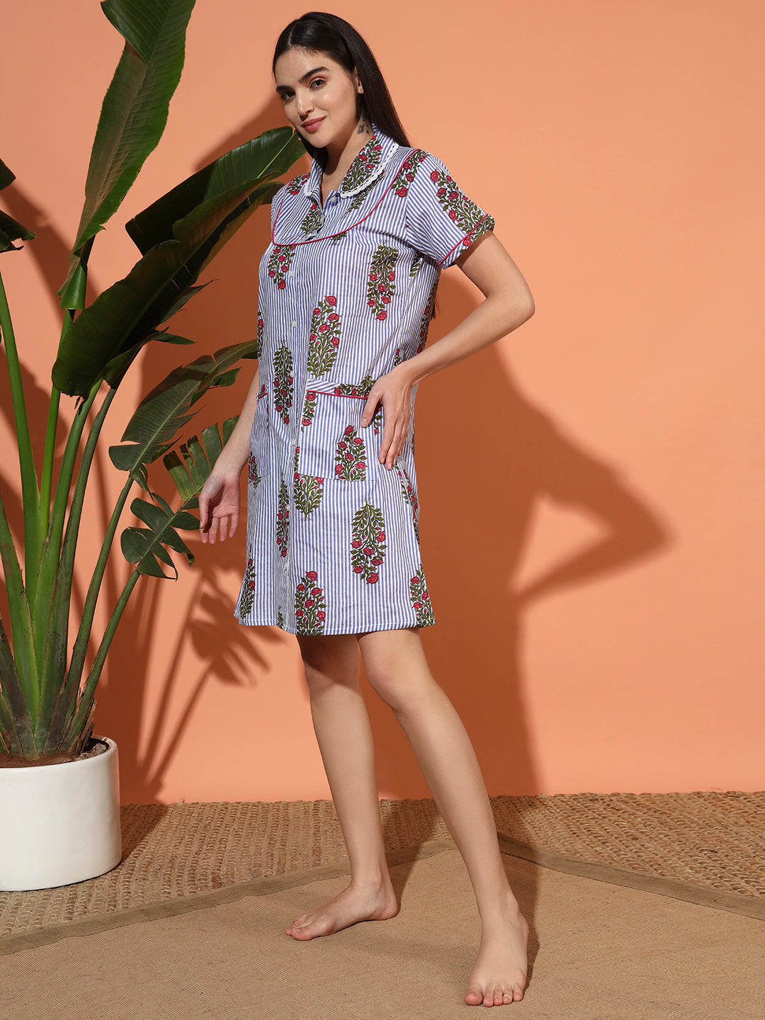 🌸 Blue Striped Floral Printed Cotton Short Night Gown for Women – Button Down Comfortable Nightwear with Pockets