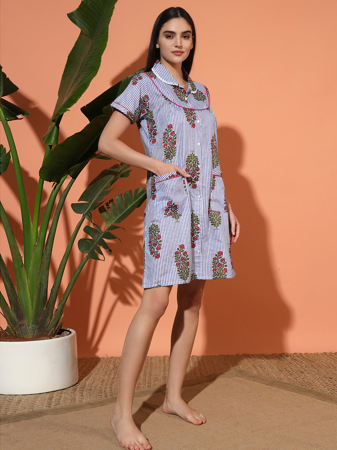 🌸 Blue Striped Floral Printed Cotton Short Night Gown for Women – Button Down Comfortable Nightwear with Pockets