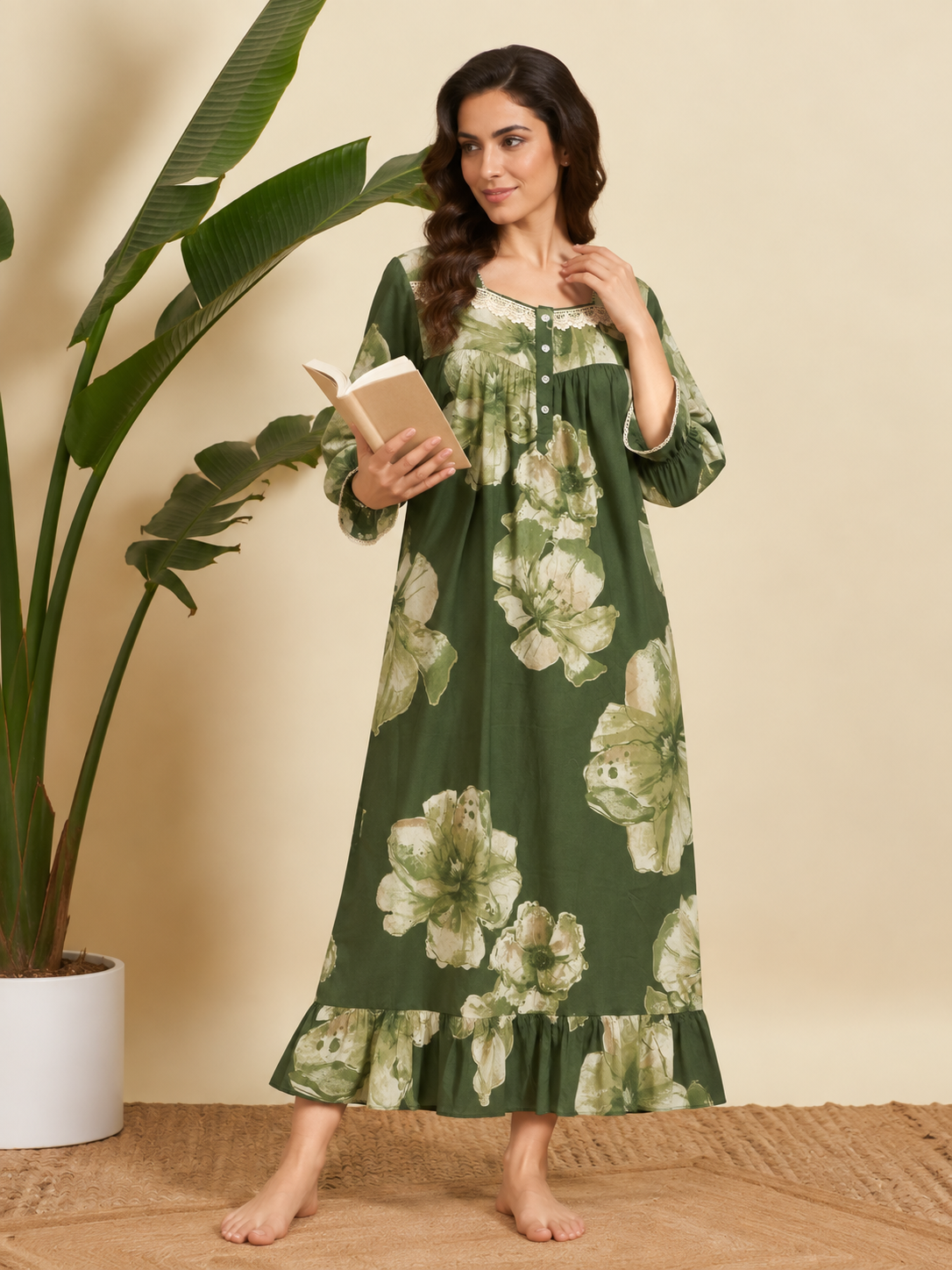 Sephani women’s green floral printed cotton nightgown with full sleeves