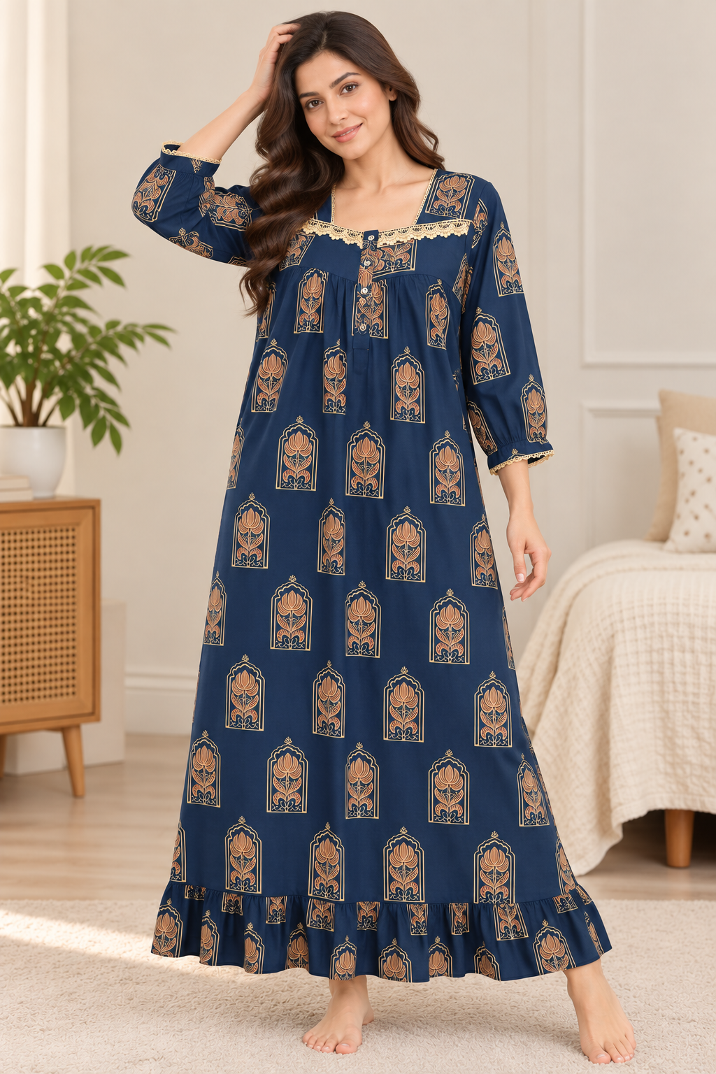 Sephani women’s navy blue floral printed cotton nightgown