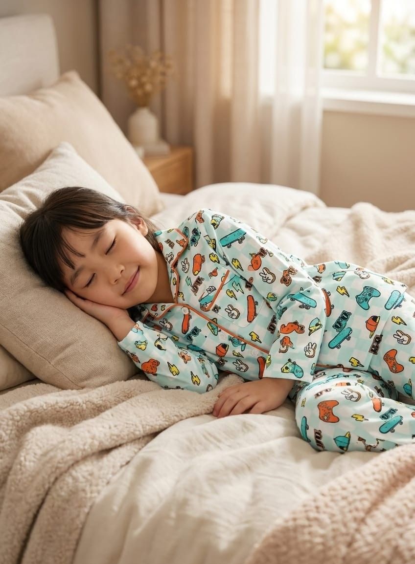 A young child sleeping soundly on a bed wearing light blue pajamas with a colorful cartoon dinosaur pattern. The scene is set in a cozy, softly lit bedroom with beige bedding and warm natural light from a window.