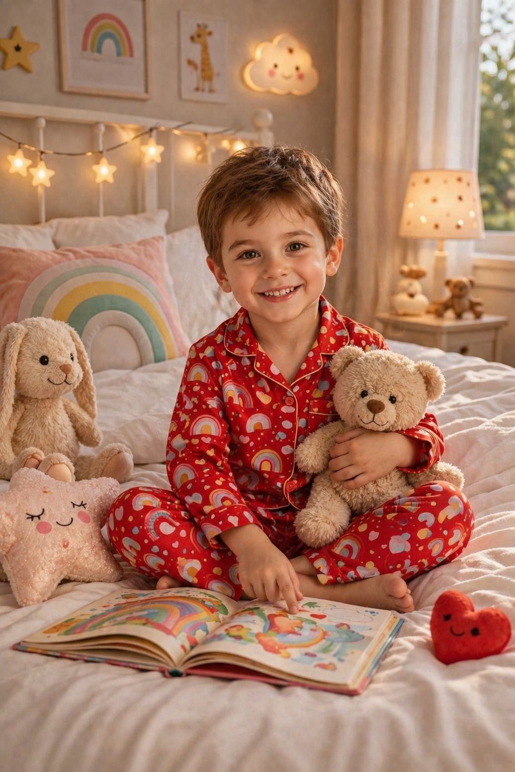 💕Kids Rainbow Print Night Suit Set | Cute Red Cotton Pajama Set for boy| Soft & Comfortable Sleepwear