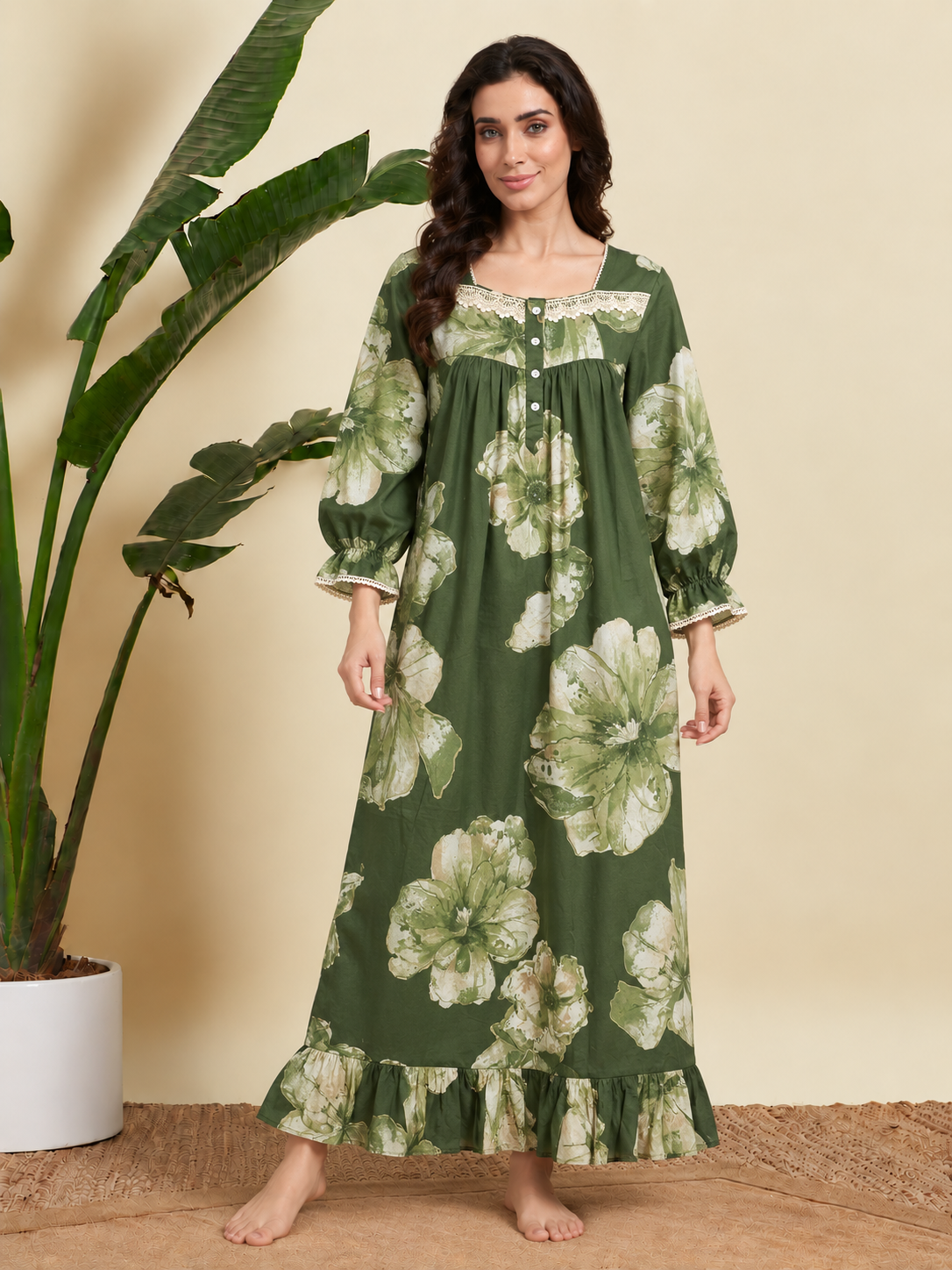 Sephani green floral cotton nightdress with lace neckline for women
