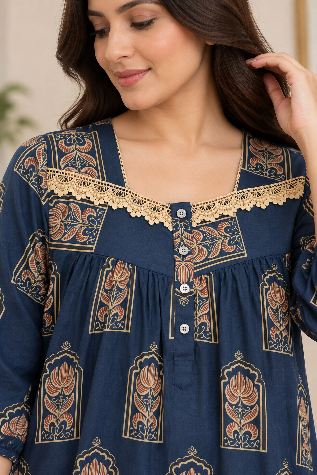 Sephani navy blue full length printed nighty for women