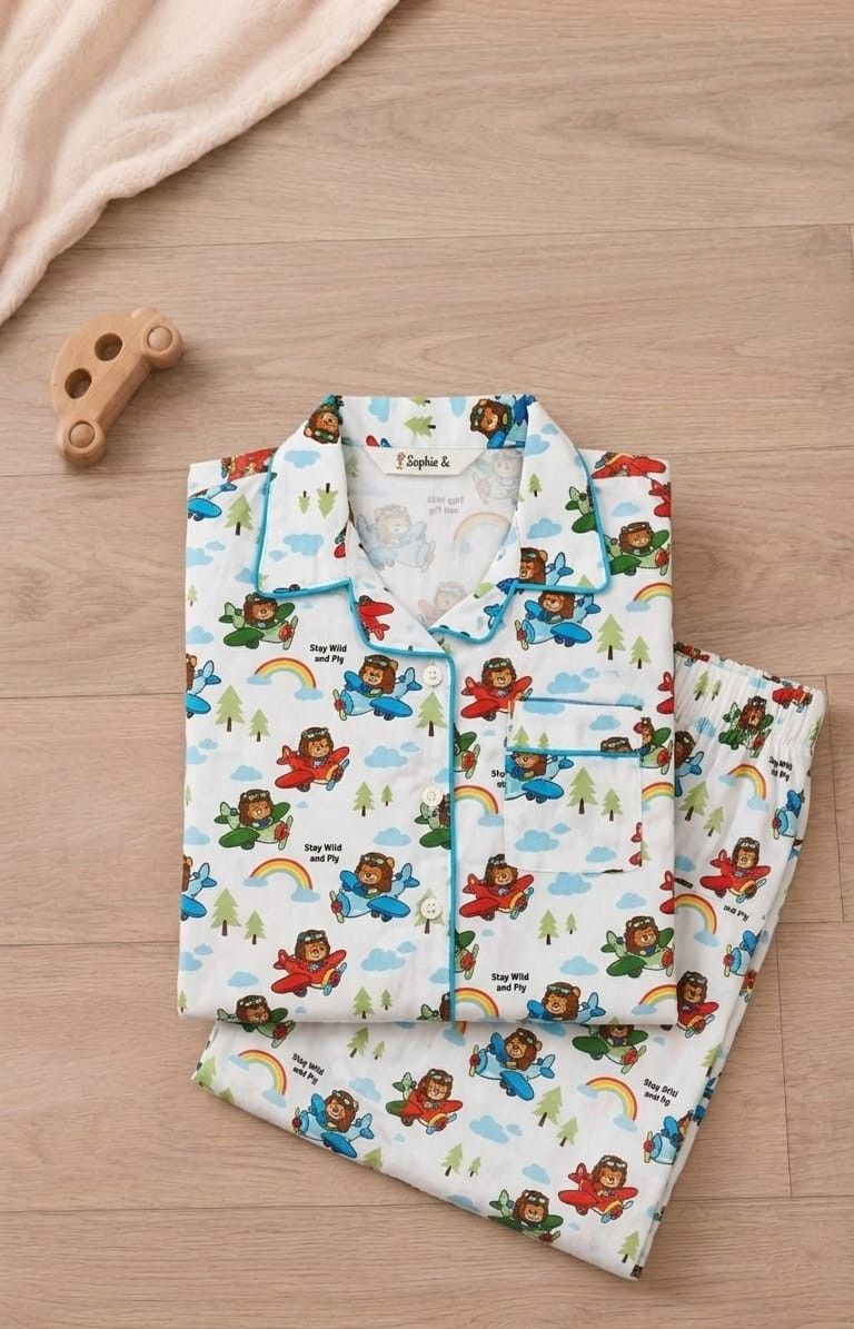 Sephani Boys White Airplane Print Cotton Night Suit Set | Full Sleeve Kids Pajama Sleepwear