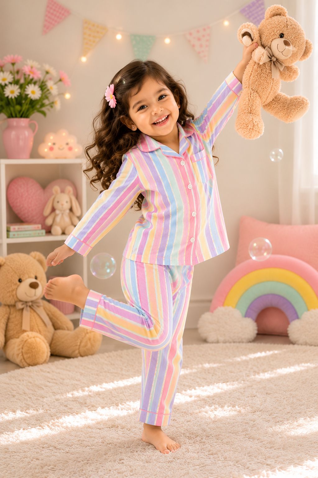 💕Kids Rainbow Print Night Suit Set | Cute Printed Cotton Pajama Set for Girls| Soft & Comfortable Sleepwear