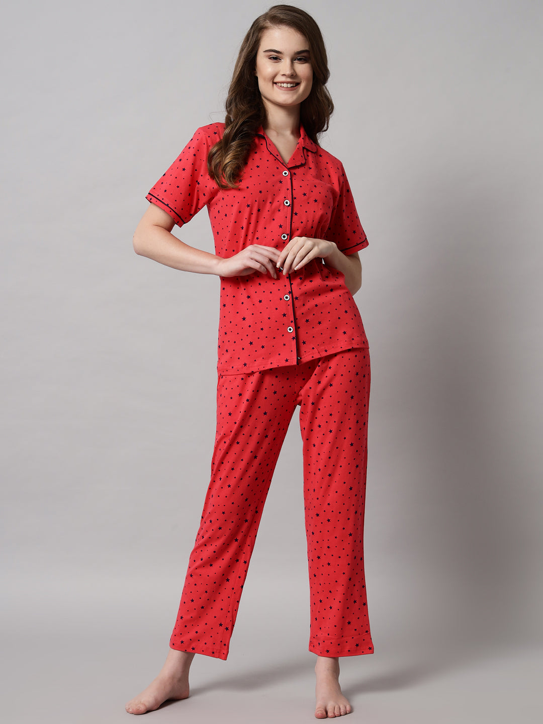 Red Printed Cotton Night Suit Set – Button-Down Top & Pajama Sleepwear