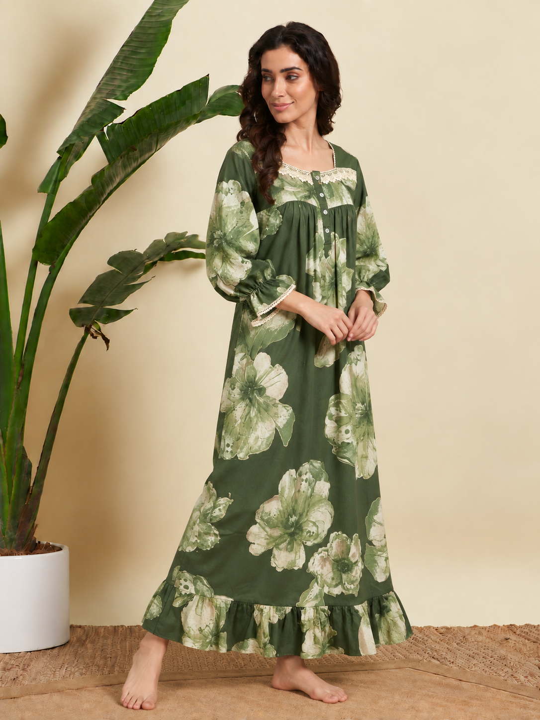 Women’s green floral printed full-length nightgown by Sephani
