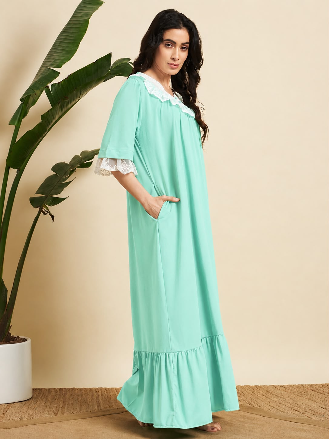 Mint Green Solid Night Gown with Lace Detail – Elegant & Comfortable Nightwear (Copy)
