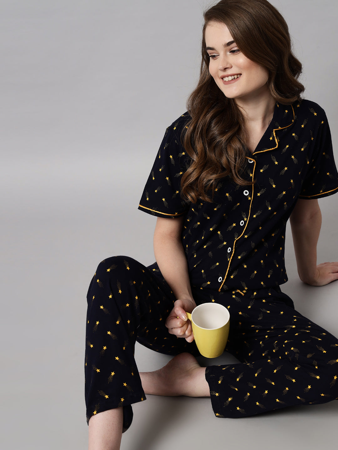 Black Printed Cotton Night Suit Set – Button-Down Top & Pajama Sleepwear