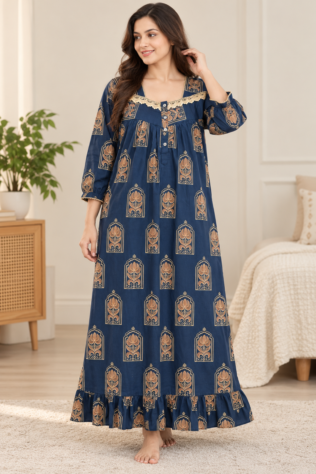 Women’s navy blue floral motif cotton nightgown with lace neckline