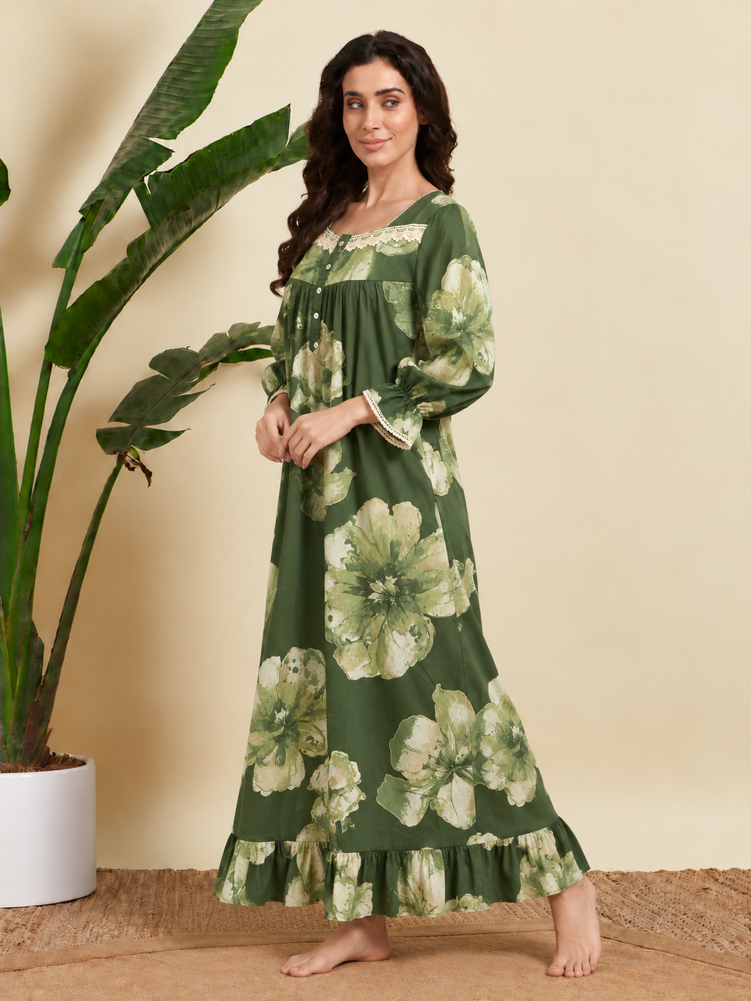 Sephani women’s cotton nightgown with front buttons and lace detailing