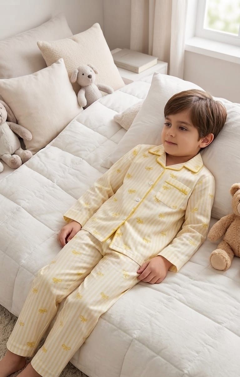 A young boy wearing a pale yellow and white striped pajama set with small yellow motifs, reclining on a white quilted bed in a softly lit bedroom.